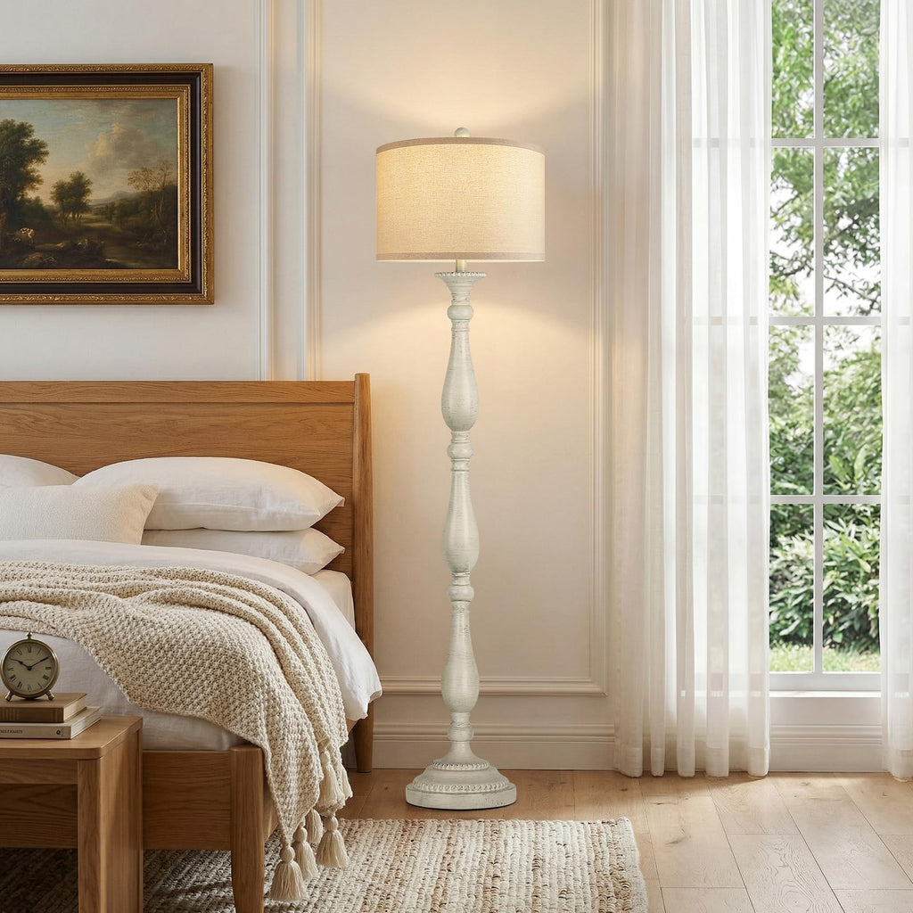 Vintage Floor Lamp, Rustic Farmhouse Standing Lamp with Rotary Switch and Linen Shade, Retro Resin Floor Lamp