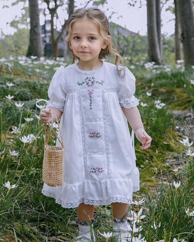 Toddler Girls White Princess Lace Dress | Vintage Floral Embroidered Heirlown Gown | Kids' Special Occasion Party