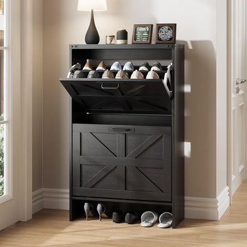 Shoe Storage Cabinet, Farmhouse Slim Shoe Cabinet with 2 Flip Drawers, Narrow Freestanding Organizer Storage Rack for