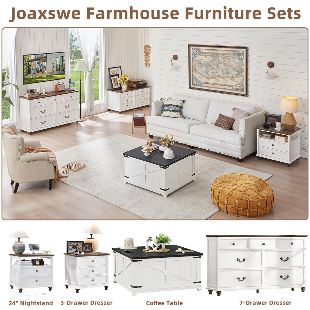 Farmhouse 7 Drawers Sets of 2, White 54 Inch Wide Chest of Drawers w/ 4 Wooden Legs, Large Vintage Rustic Closet