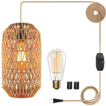 Boho Plug in Pendant Light Rattan Hanging Lights with 15FT Cotton Cord & Stepless Dimming Switch, Woven Wicker Basket