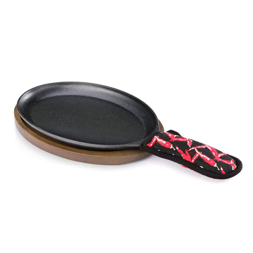 Commercial Grade Cast Iron Fajita Set, Oval Sizzling Skillet, Japanese Steak Plate with Walnut-Stained Wood Base