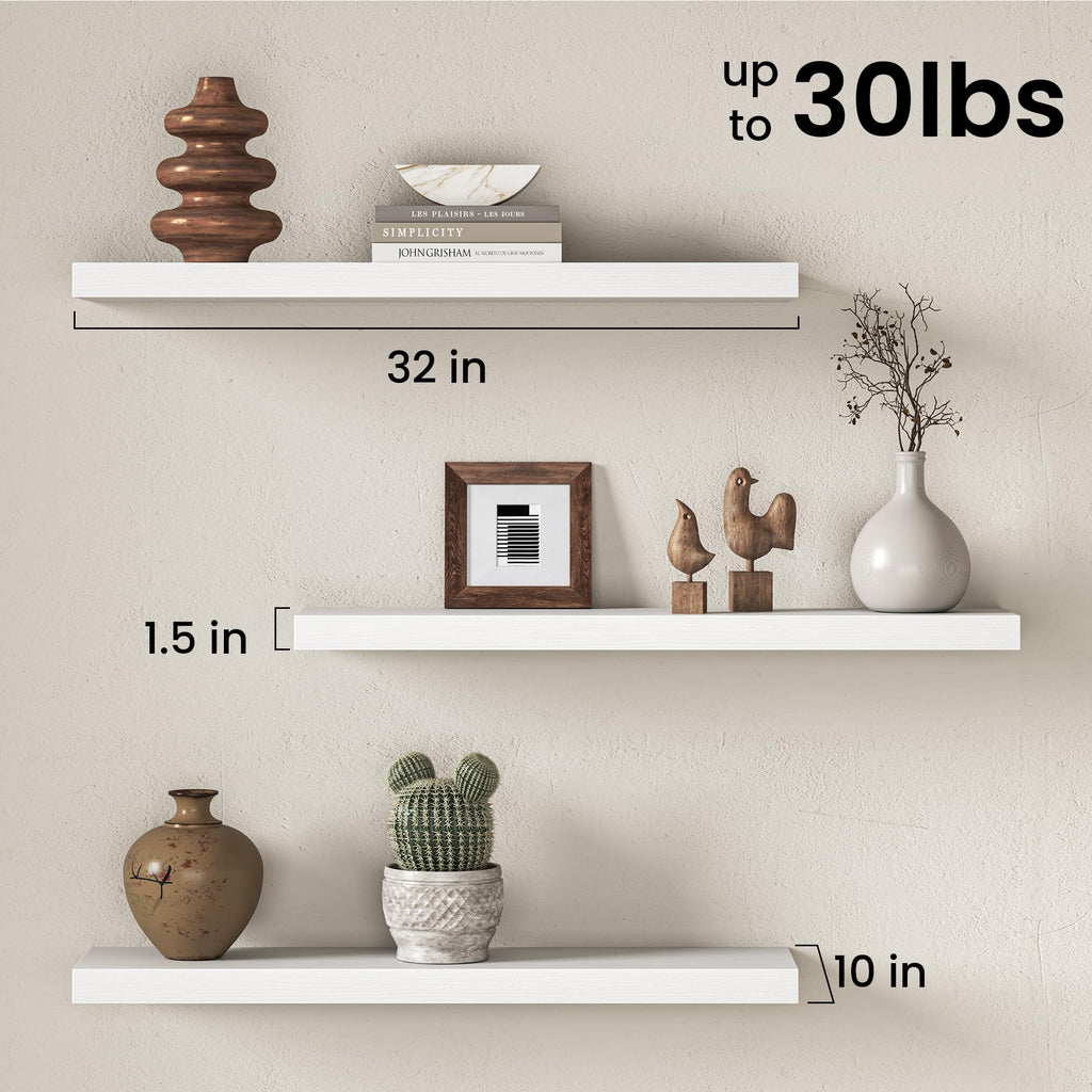 32 Inch Floating Shelves for Wall, White Wood Wall Mounted Shelf with Invisible Bracket, 10 Inch Deep Large Shelves