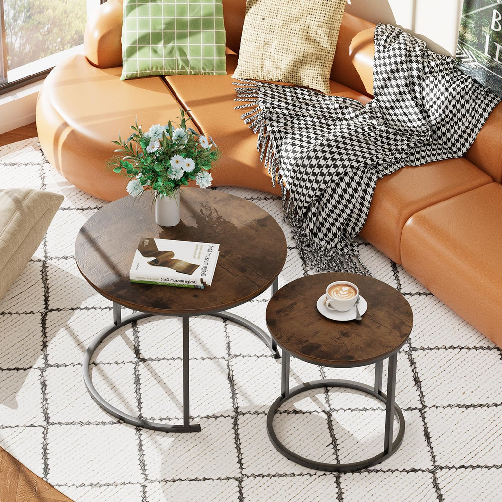 Coffee Nesting Round Set of 2 Side with Sturdy Metal Frame Bedroom Apartment Modern Industrial Simple