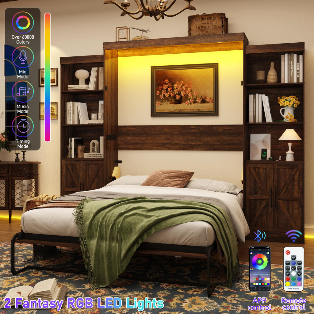 Queen Size Murphy Bed w/2 Storage Cabinet&2 LED Light, Farmhouse Wood Hidden Foldable Wall Bed Frame, Storage Bed