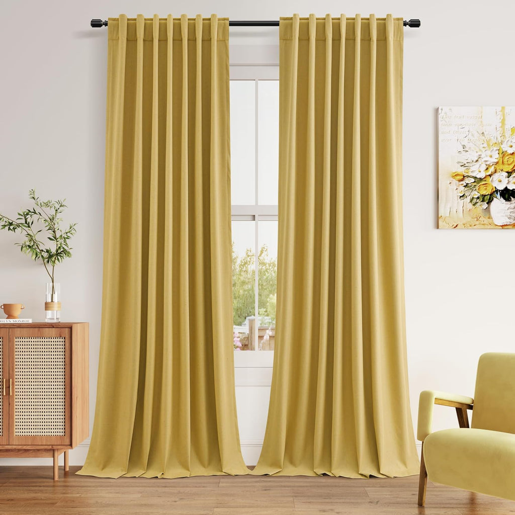 Gold 100% Blackout Linen Curtains 84 Inch Length 2 Panels Set for Living Room Bedroom Back Tab Thermal Insulated