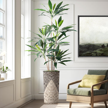 Artificial Tree in Geometric Pattern Planter, Fake Dracaena Tree Silk Tree for Indoor and Outdoor Home Decoration