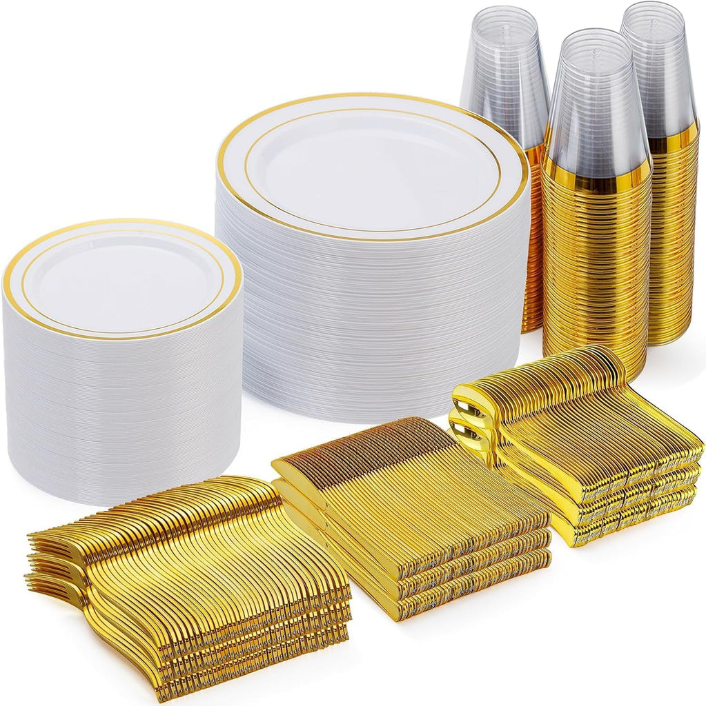 600 Pieces Gold Disposable Plates for 100 Guests, Plastic Plates for Party