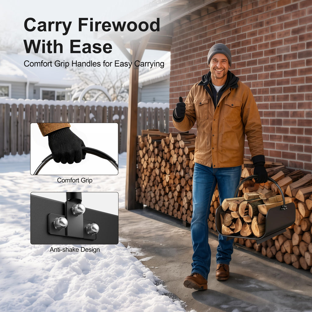 Firewood Basket with Handles, Metal Firewood Holder for Indoor Fireplace