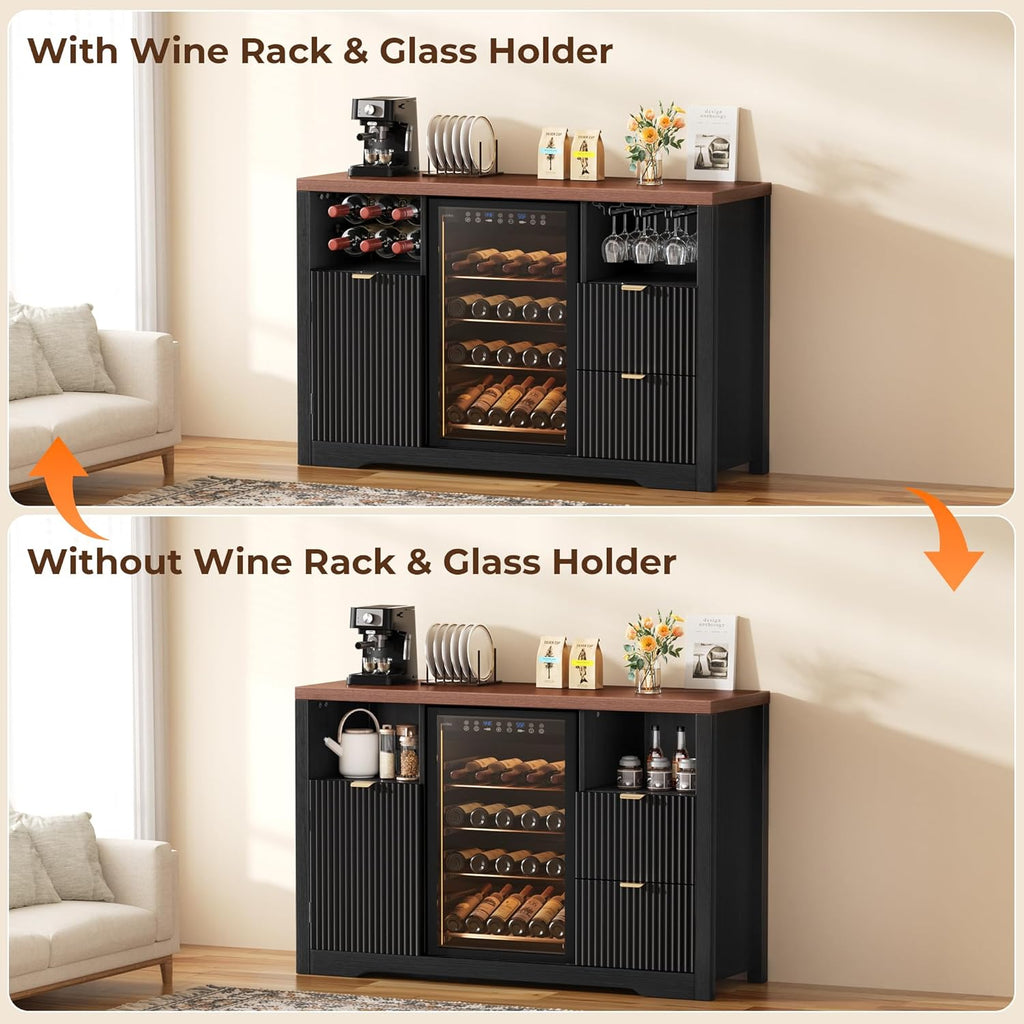 Coffee Bar Cabinet with Mini Fridge Space, 53"Wine Cabinets with Storage | Wood Fluted Liquor Cabinet with Storage