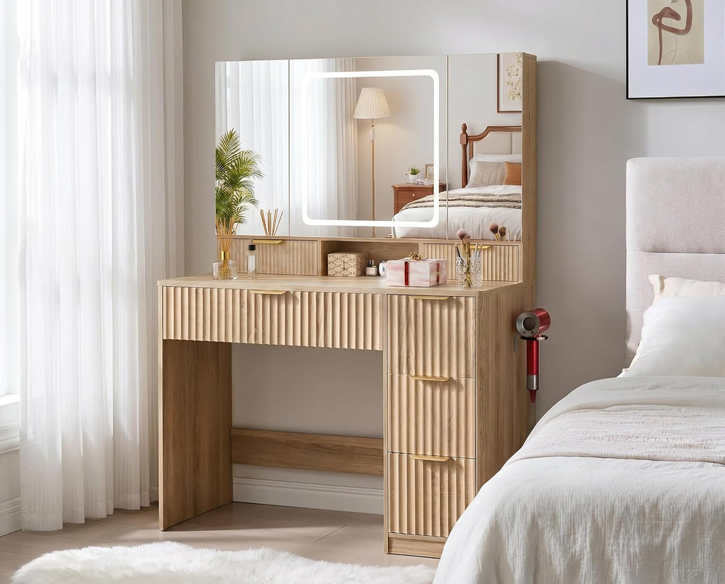 Vanity Desk with 3-Way Mirror and Lights, Makeup Vanity with 360° View Mirror, 3 Lighting Modes, 6 Drawers,Storage