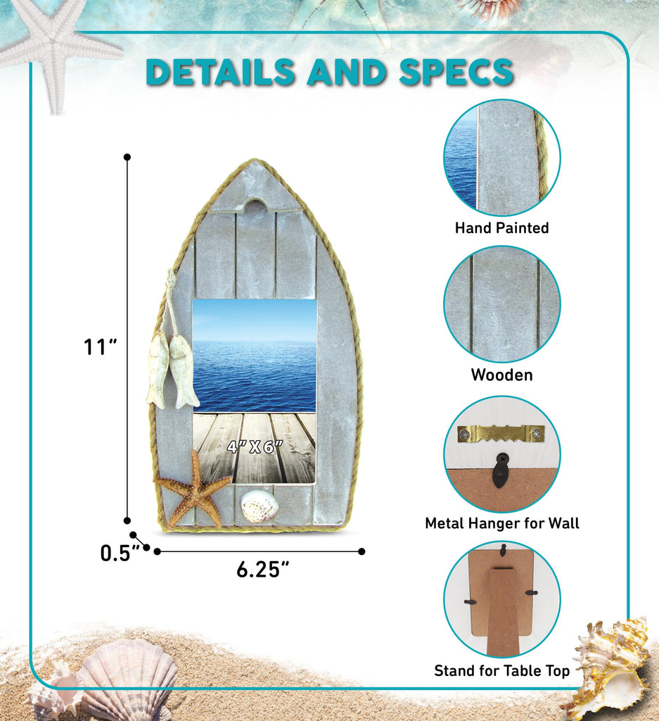 Coastal Boat Photo Frame 4x6 - Distressed Wood Starfish Photo Frame for Summer Vacation Memory, Handmade Beach Sand
