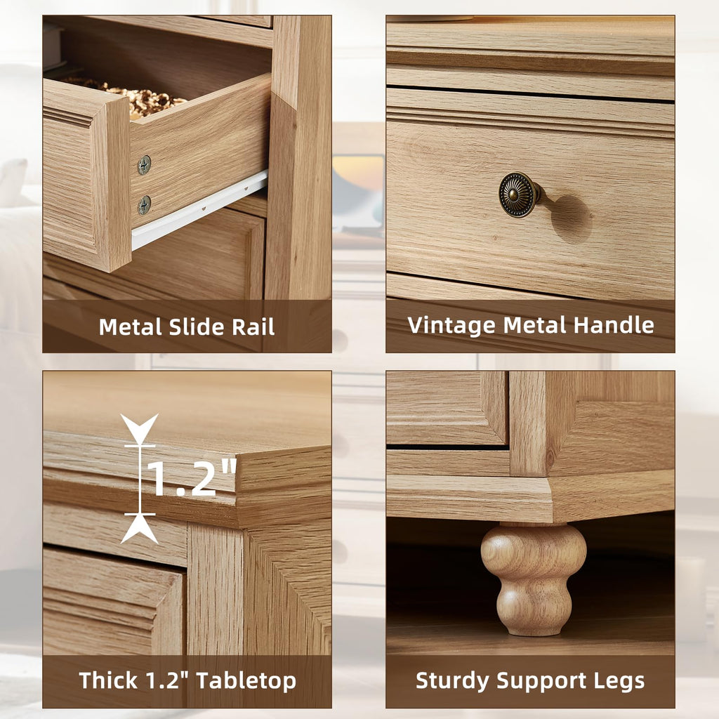 24" Wide Farmhouse Night Stand, Large End Table with 3 Drawers & Metal Handle, Natural Dresser, Bed Side Table Chest