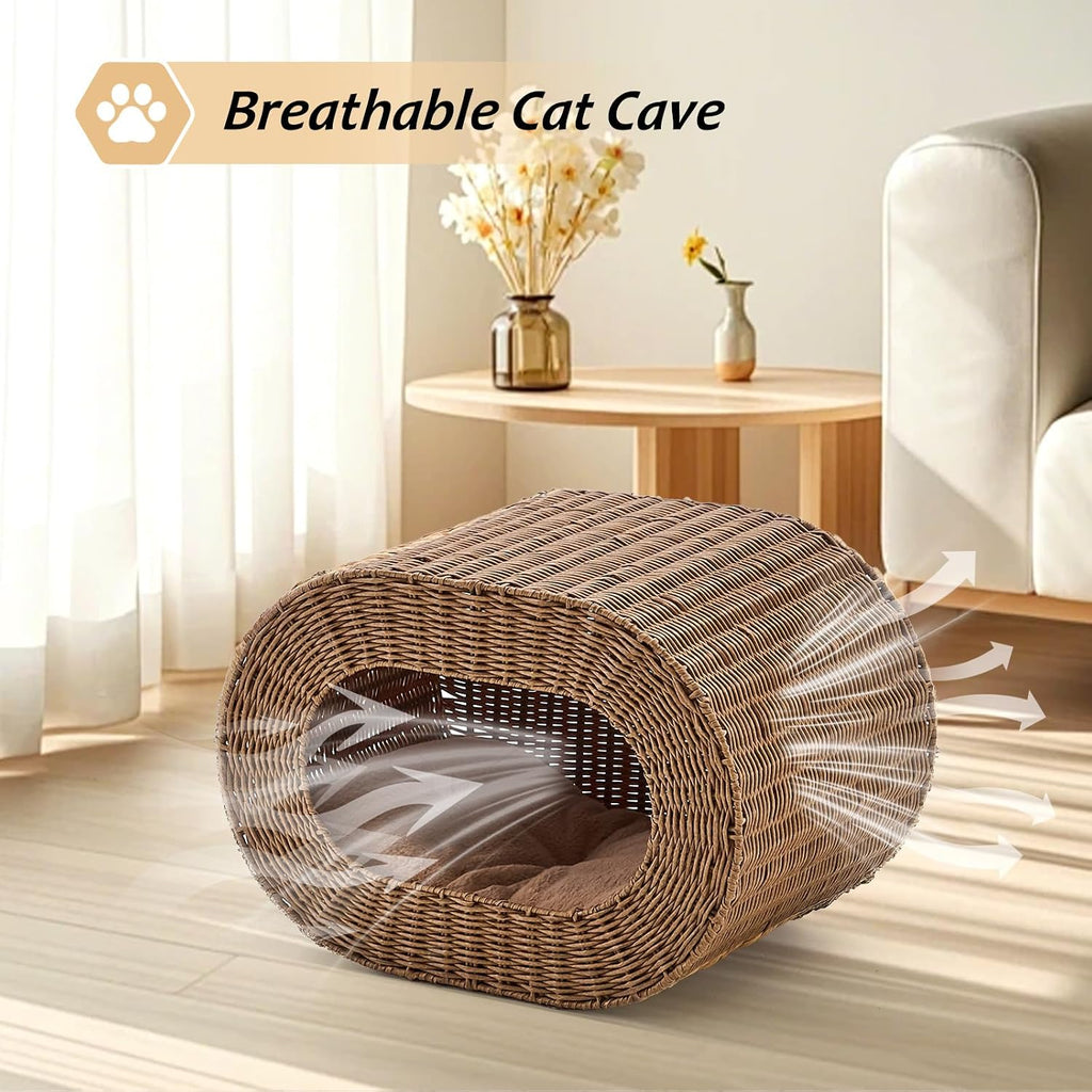 Cat House, Handwoven Cat Cave Pet Cube, Rattan Cat Beds Indoor Kitten House with Double-Sided Soft Cushions, Pet Cat