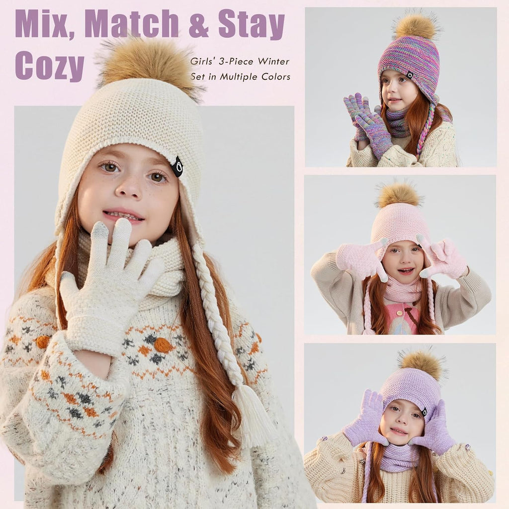 Kids Winter Hat Gloves Scarf Set Warm Earflaps Soft Fleece Lined