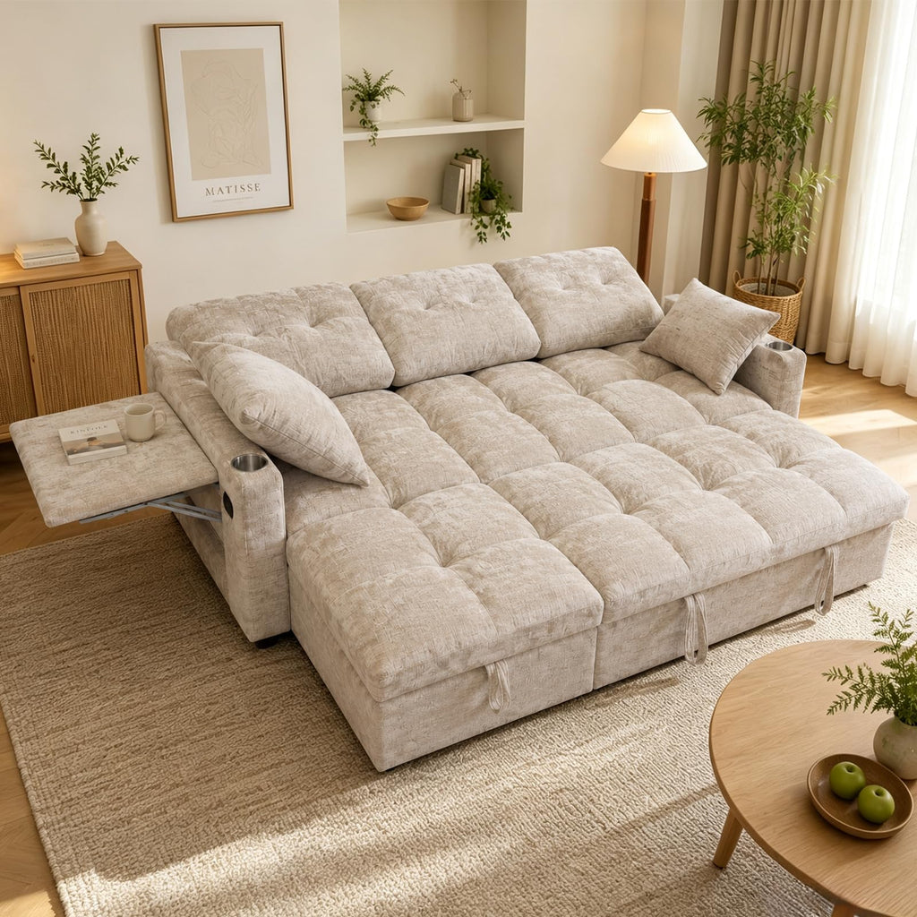 82" Sleeper Sectional Sofa, Comfy Convertible Sofa Bed with Pull Out Couches, Chenille L Shaped Couch with Reversible