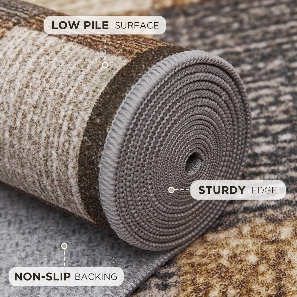 Checkered 8x10 Living Room Area Rugs, Brown Beige Light Gray