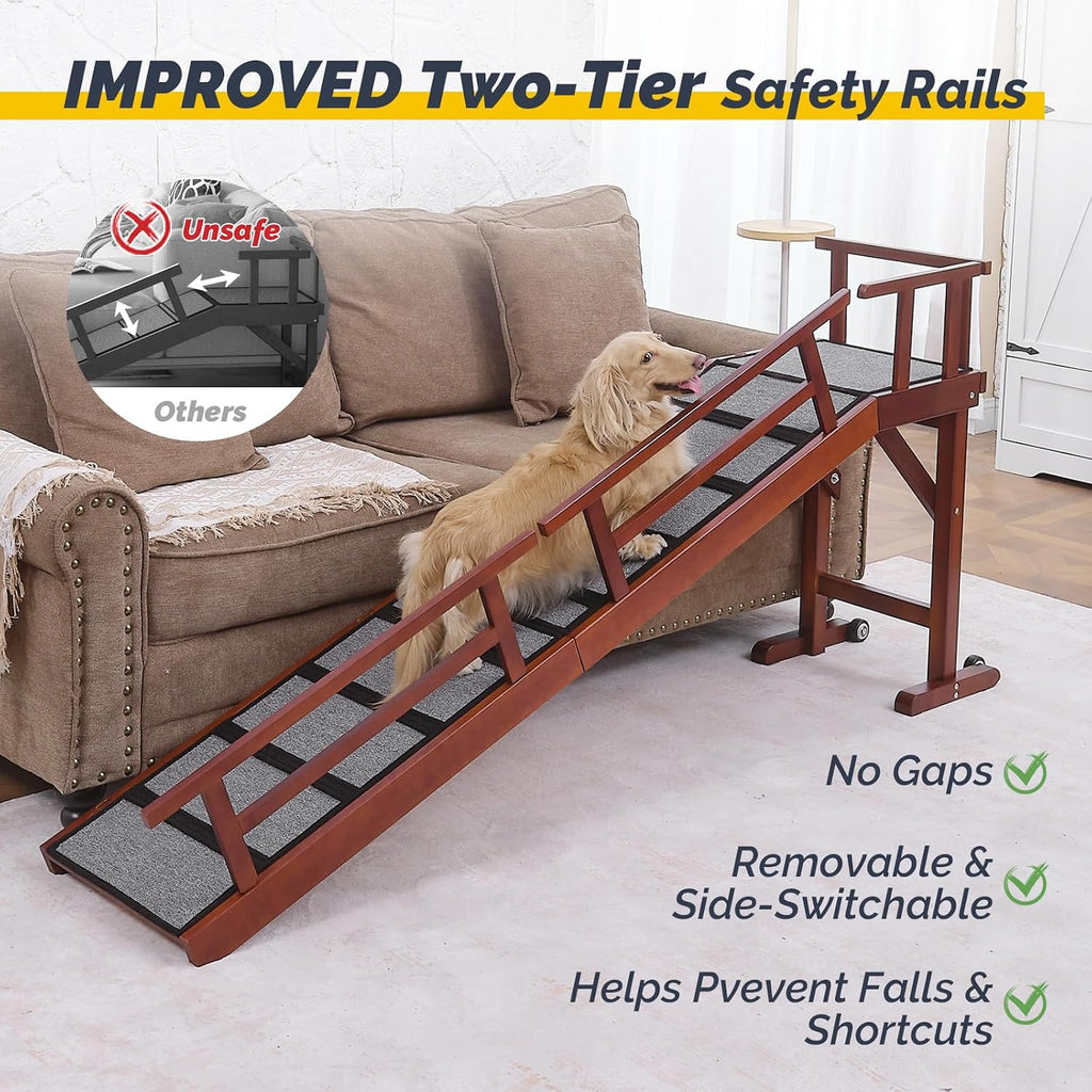 Dog Ramp for Bed or Couch, Wooden Pet Ramp with 20° Gentle Slope, Removable Side Rails, Non-Slip Surface, Top