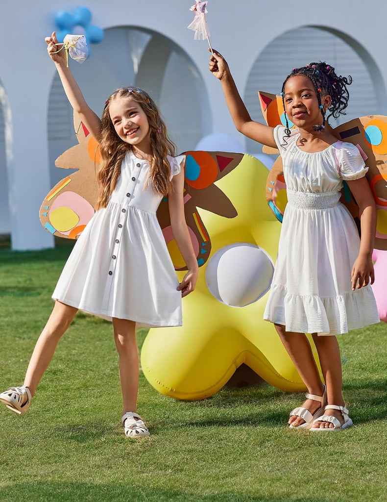 Girls Dress Flutter Sleeve Button Summer Sundress with Pockets
