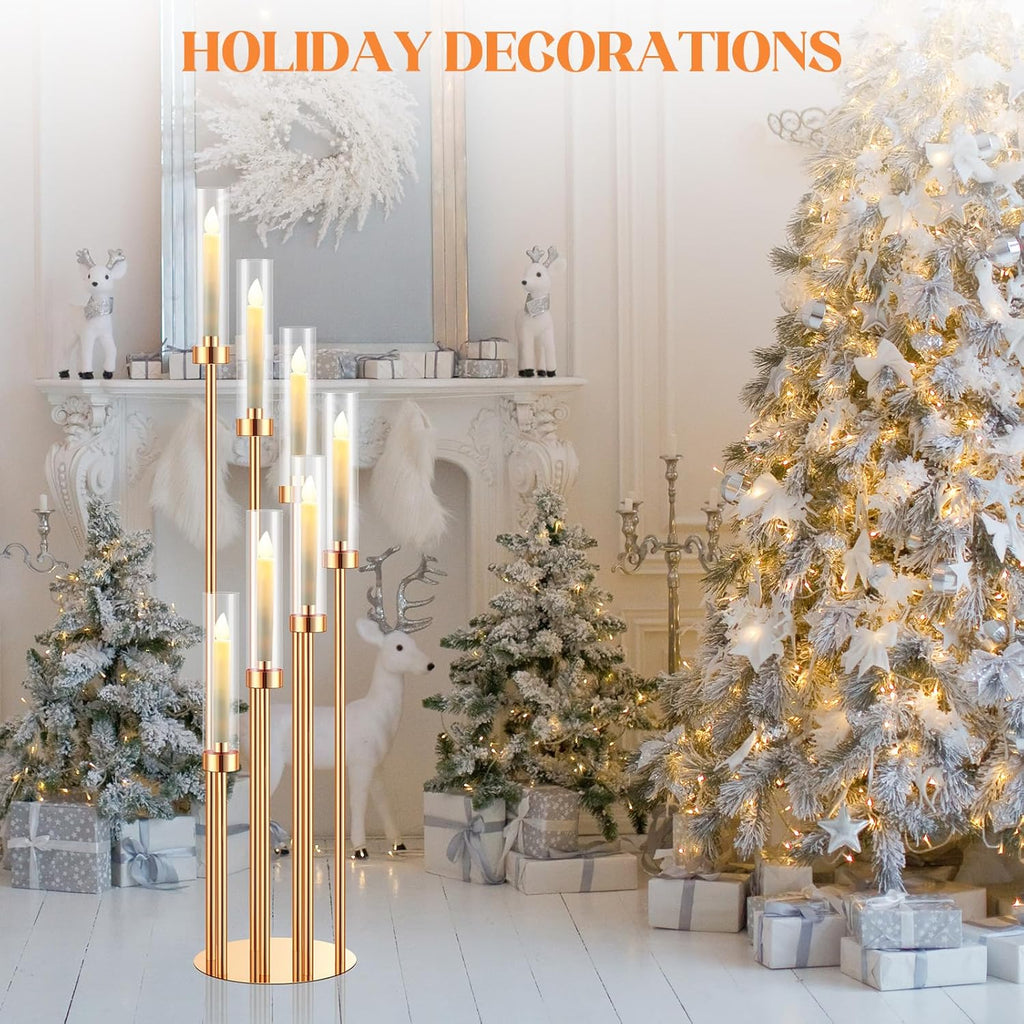 Tessco 4 Sets Gold 7 Arm Floor Candelabra 46.5'' Tall Floor Candle Holders Metal Candle Holders with Acrylic
