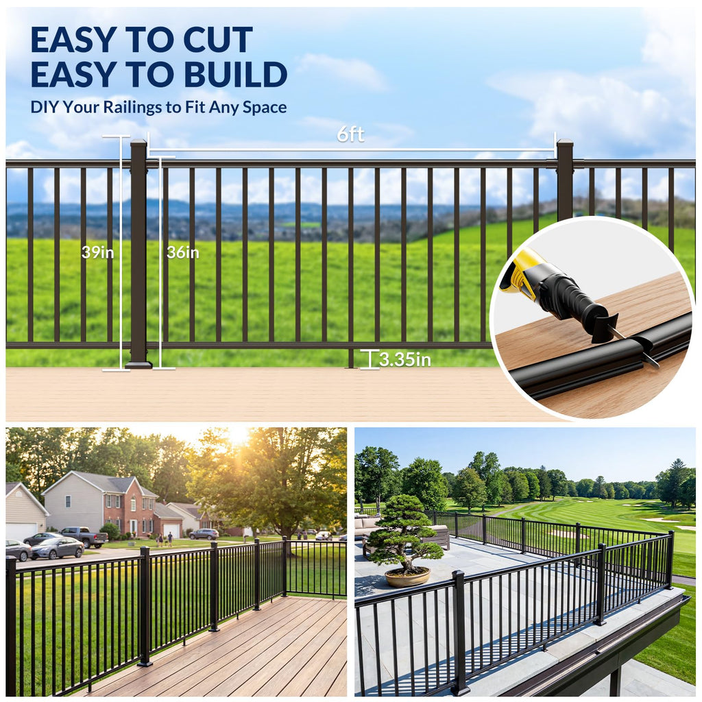 36in x 12ft Modular Aluminum Porch and Deck Railing Kit with 3 Post