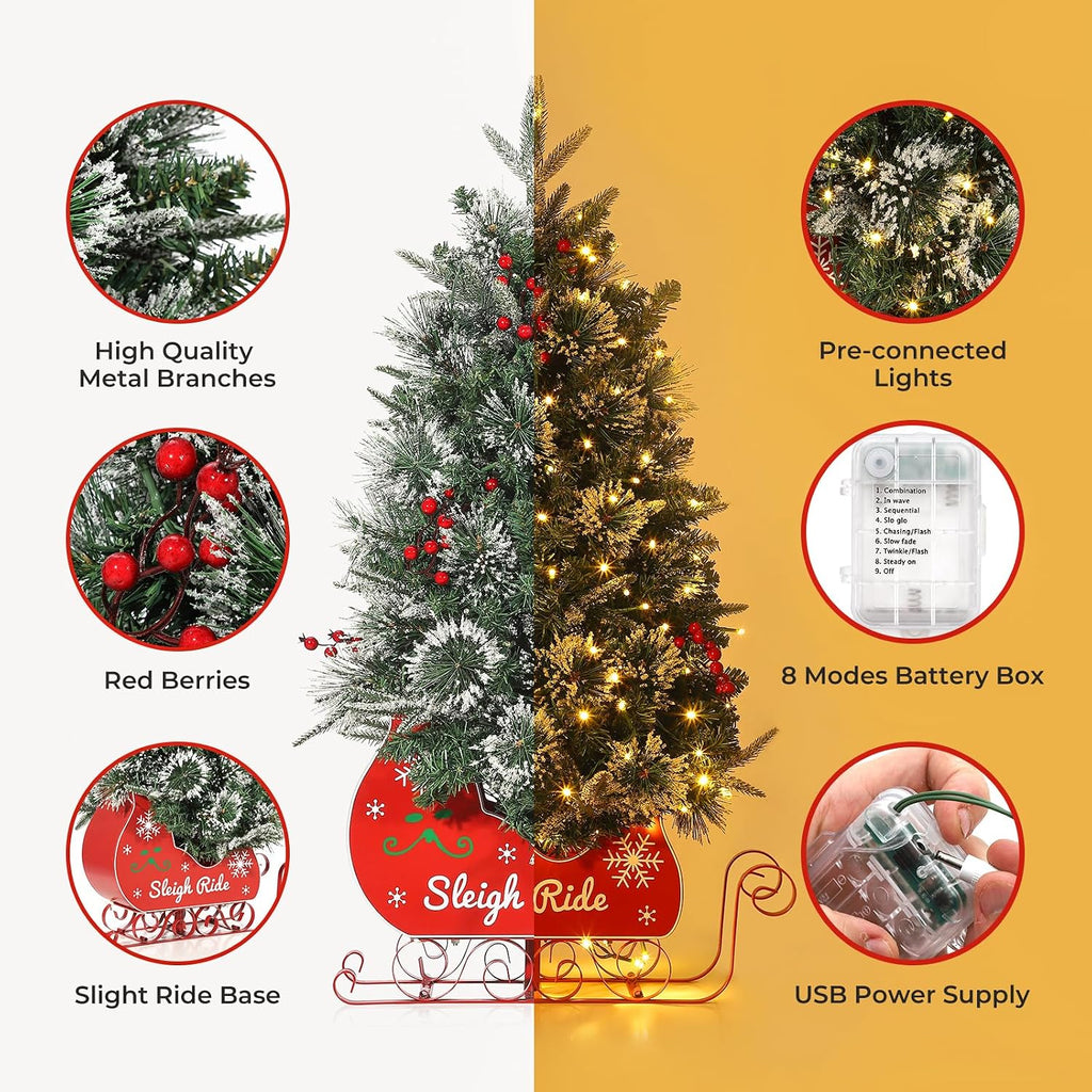 3FT Christmas Tree, Pre-Lit Artificial Christmas Trees with Lights, Small Xmas Trees with Sleigh Base & 78 Warm White