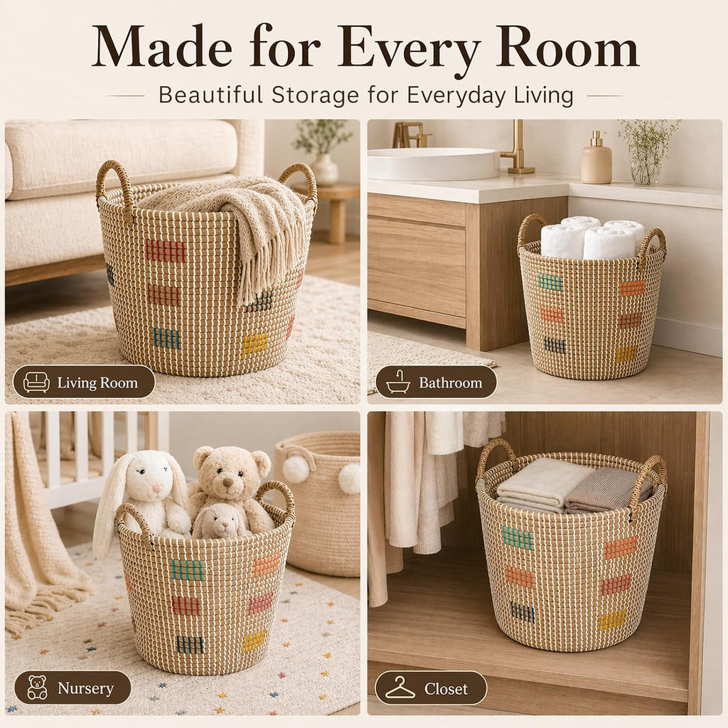 Natural Seagrass Storage Baskets Set of 3 with Handles, Handwoven Decorative Nesting Bins for Blankets, Towels, Toys