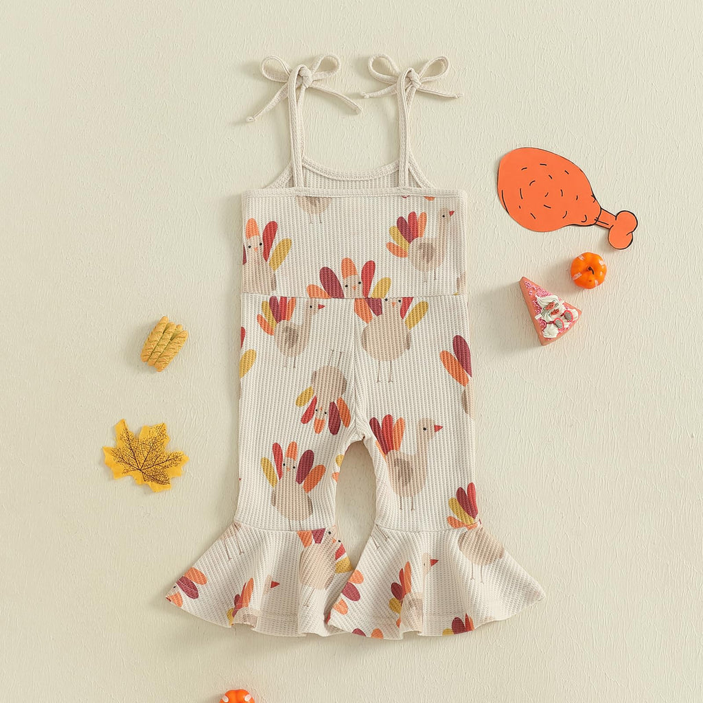 Toddler Baby Girl Thanksgiving Outfit Turkey Jumpsuit Spaghetti Strap Jolly Romper Bell Bottoms Outfits (Thankful
