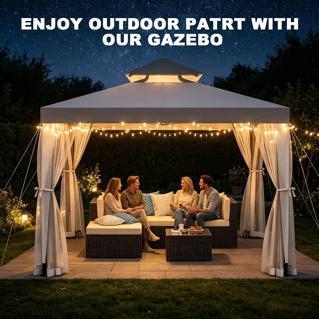 Outdoor Gazebo 10×10 Canopy Tent with Mosquito Nettings & Double Roofs, Canopy Shelter for Party, Patio Gazebo (Gray