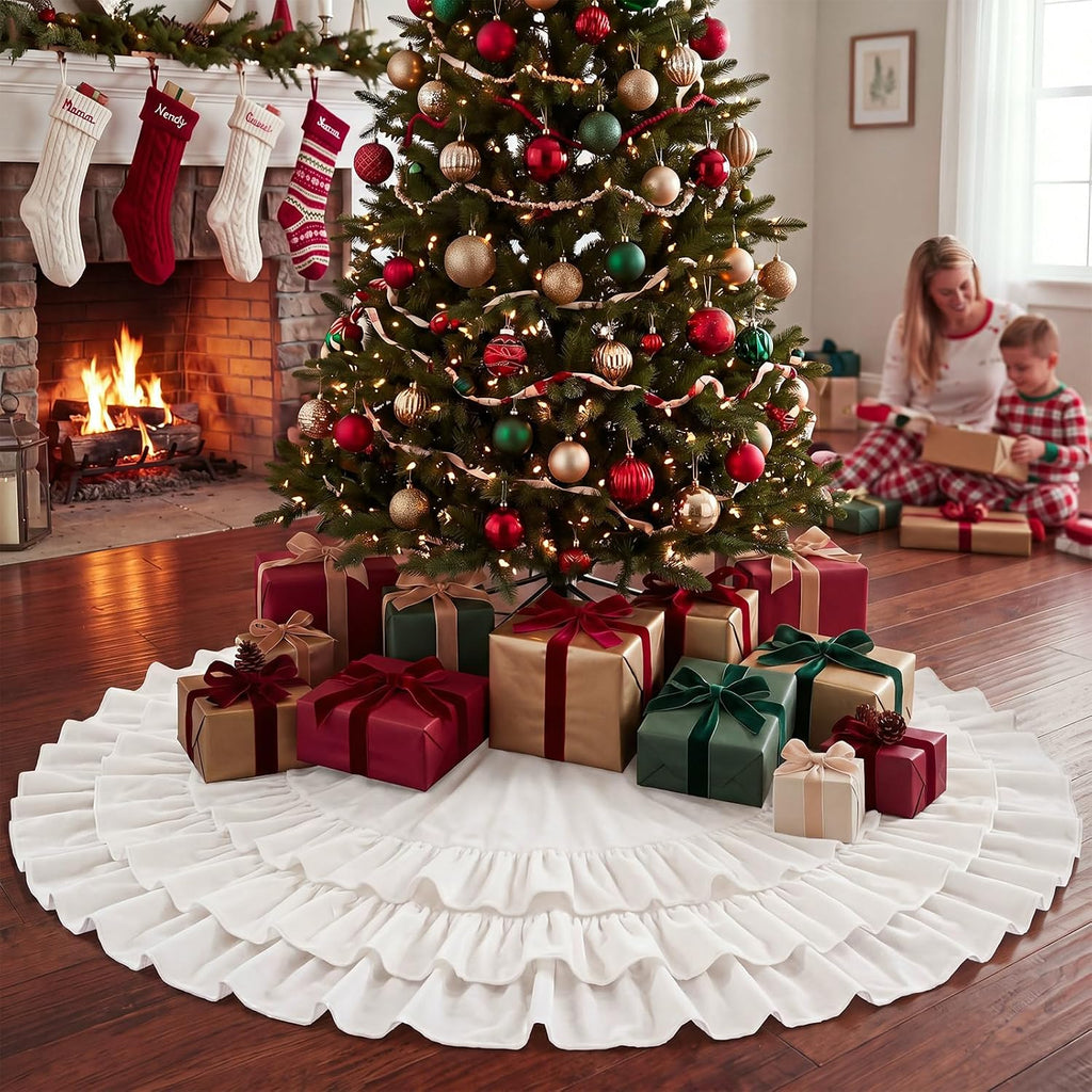 48 Inch Ruffled Velvet Christmas Tree Skirts White Tree Skirt