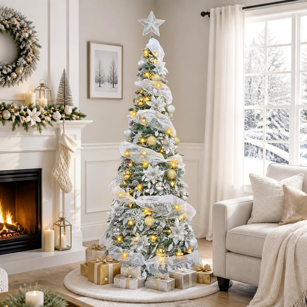 6Ft Pop Up with 200 Lights, Flocked Xmas Tree Prelit