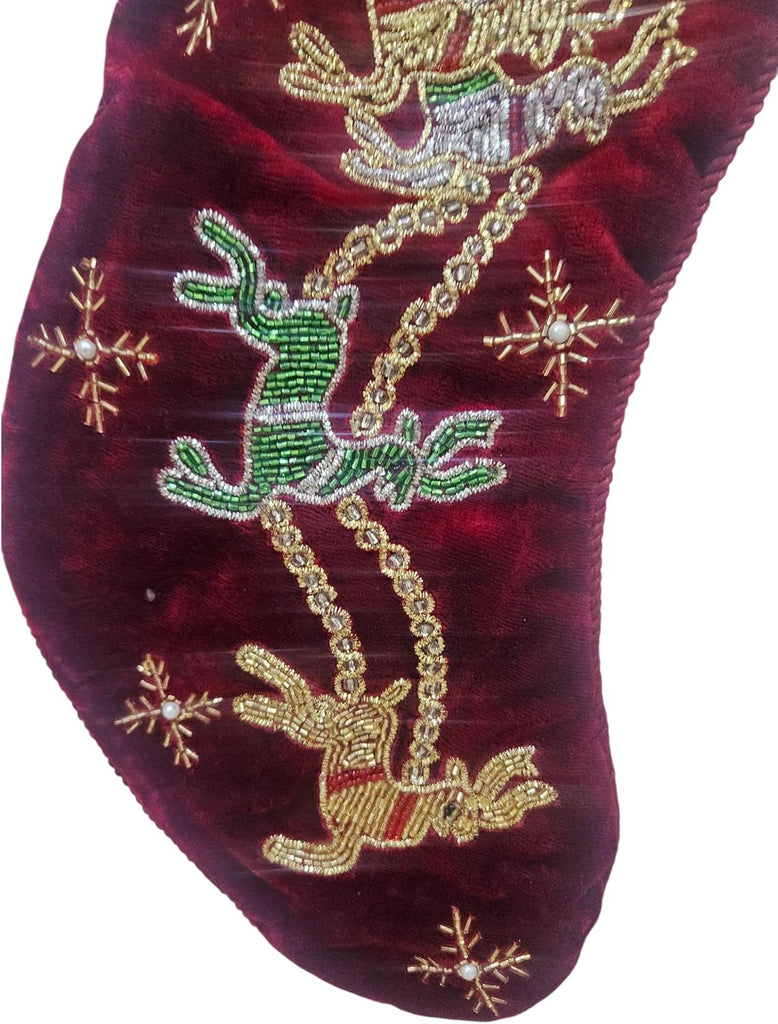 Handmade Red Velvet Christmas Stocking 21"x7" - Beaded Santa & Reindeer Design Luxury Embroidered Holiday Stocking
