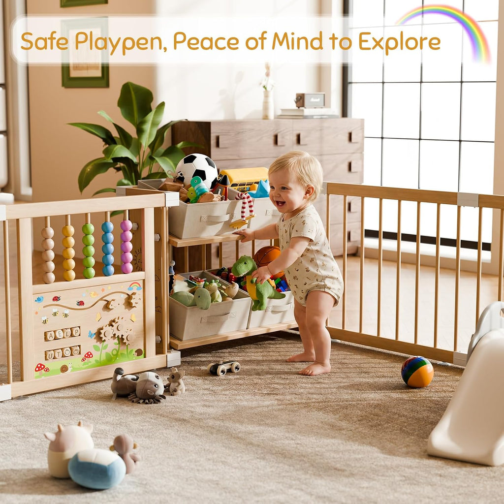 Large Wooden Baby Storage Playpen 9+3 Panels 71"×48" | Size Adjustable Play Yard for Babies and Toddlers, Baby Fence