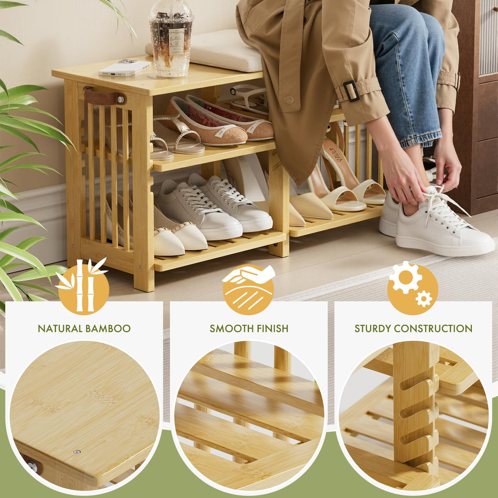 Bamboo Shoe Rack Bench, 3-Tier Shoe Bench Height Adjustable, Entry Bench with Side Storage Strap, Shoes Organizer