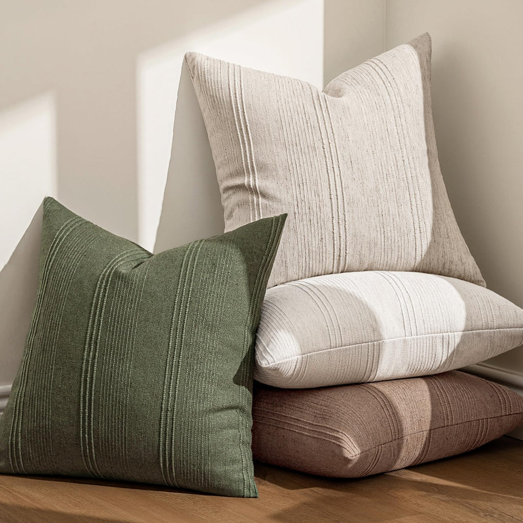 Decorative Striped Throw Pillow Covers 22x22 in Natural Linen 2 Pack