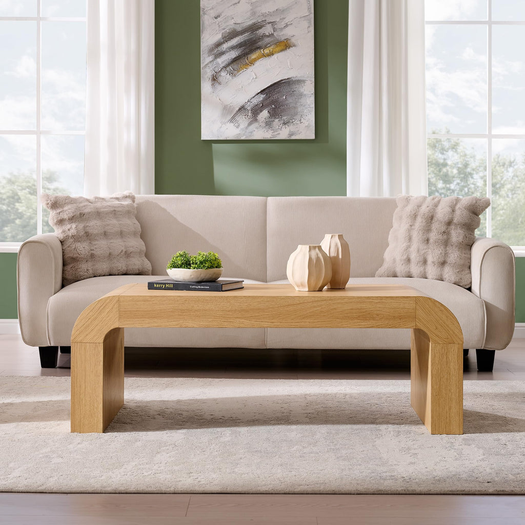 48" Modern Coffee Table, Wooden Curved Center Table, Natural Oak