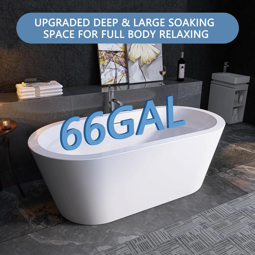 64" Free Standing Tub, Pure Acrylic Freestanding Bathtub, Stylish Stand Alone Contemporary Deep Soaking Bath Tub