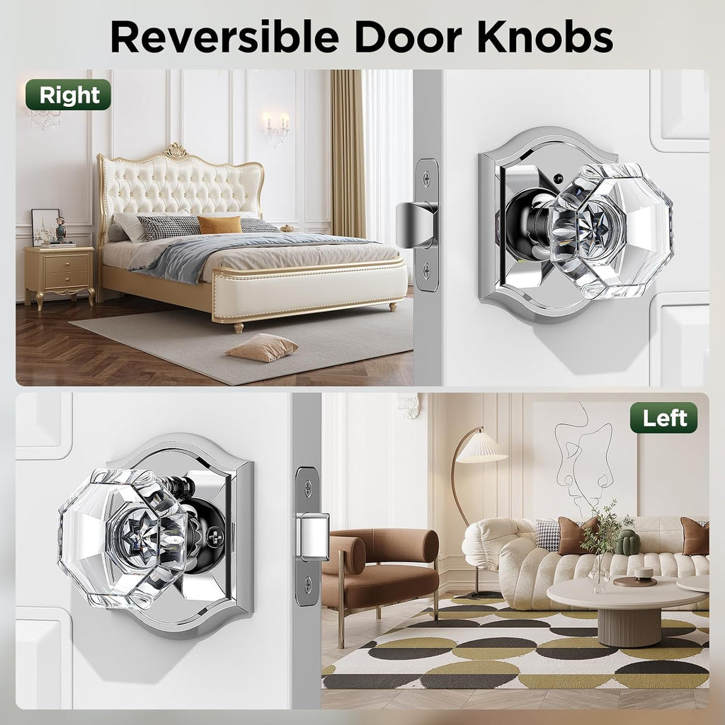 1 Pack Glass Door Knob, Octagon Shaped Crystal Door Knobs with Lock, Polished Chrome Door Knobs Interior Glass