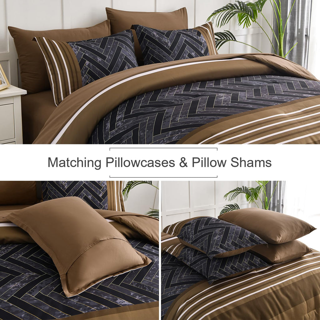 Brown Comforter Set Queen, 7 Pieces Boho Striped Bed in a Bag Set