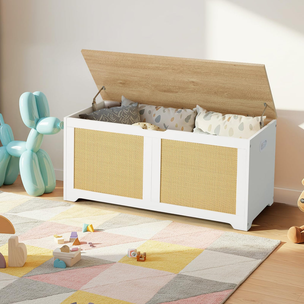 39.4" Storage Chest with 2 Safety Hinges, Rattan Storage Bench, Shoe Bench, Supports 300 lb