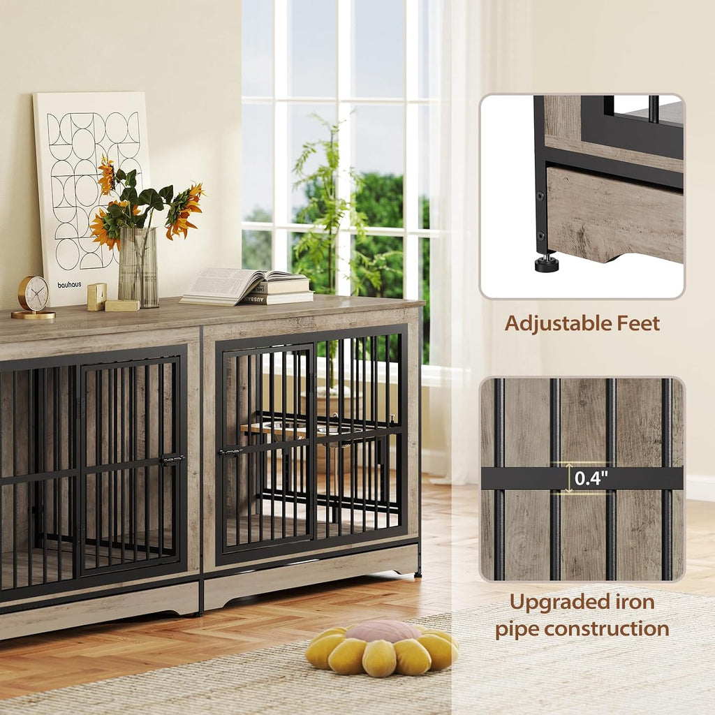 78 Double Dog Crate Furniture for 2 Large Dogs Indoor, Wooden Furniture Dog Crates with Dog Bowl, Dog Kennel