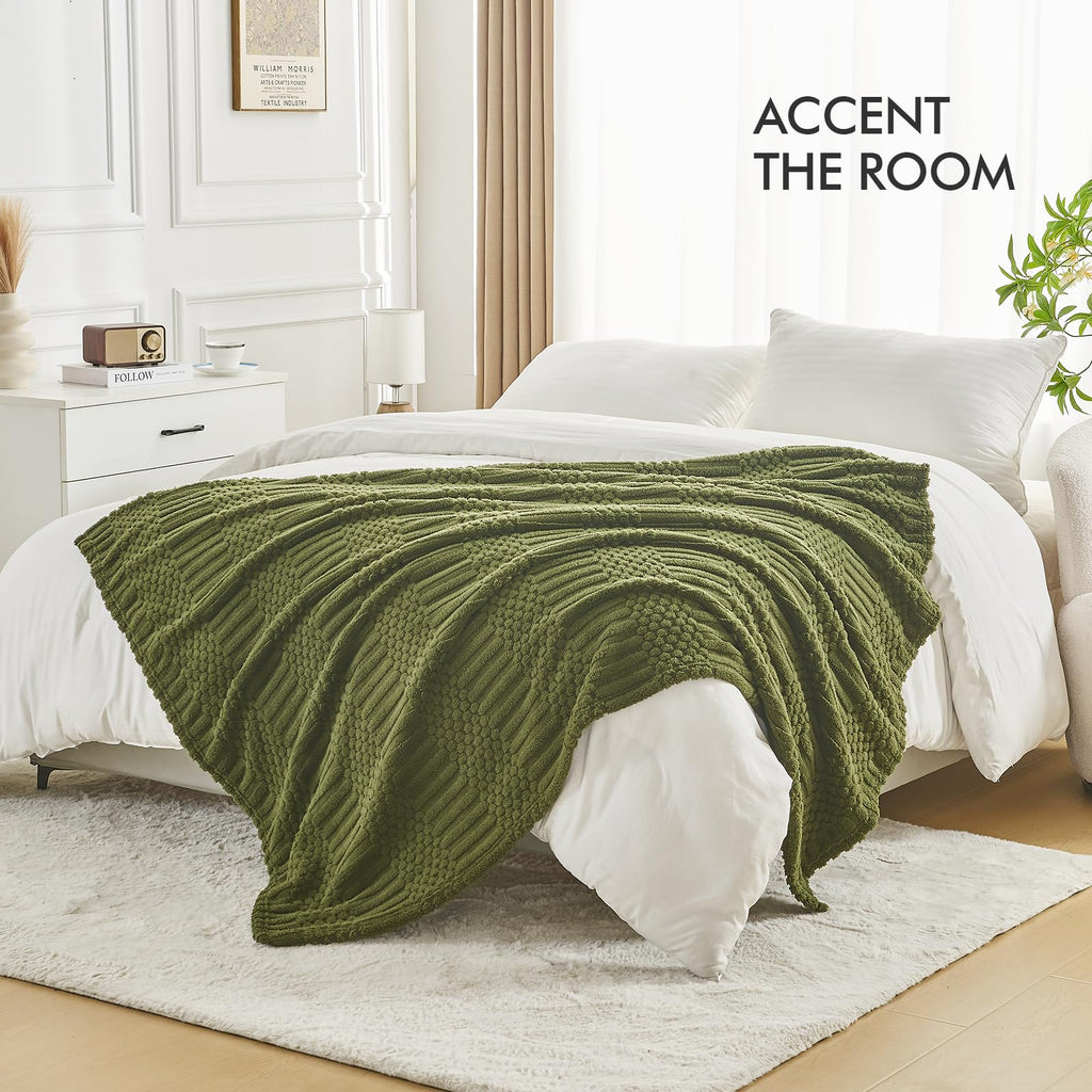 Olive Green Boho Throw Blanket for Couch, Soft Fleece Plush Lightweight Blanket 60x80, Fuzzy Moss Green Blanket Bed