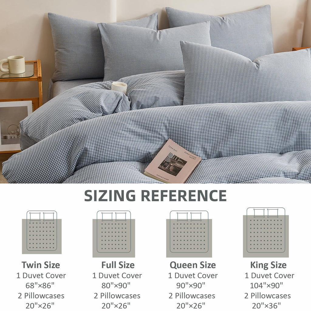 Vintage Blue Plaid Duvet Cover Set 100% Washed Cotton 3-Piece