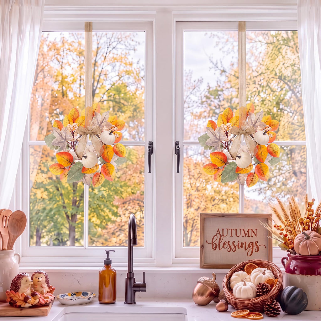 6 Pcs 9 Inch Mini Fall Wreaths with Bow Ribbon Cabinet