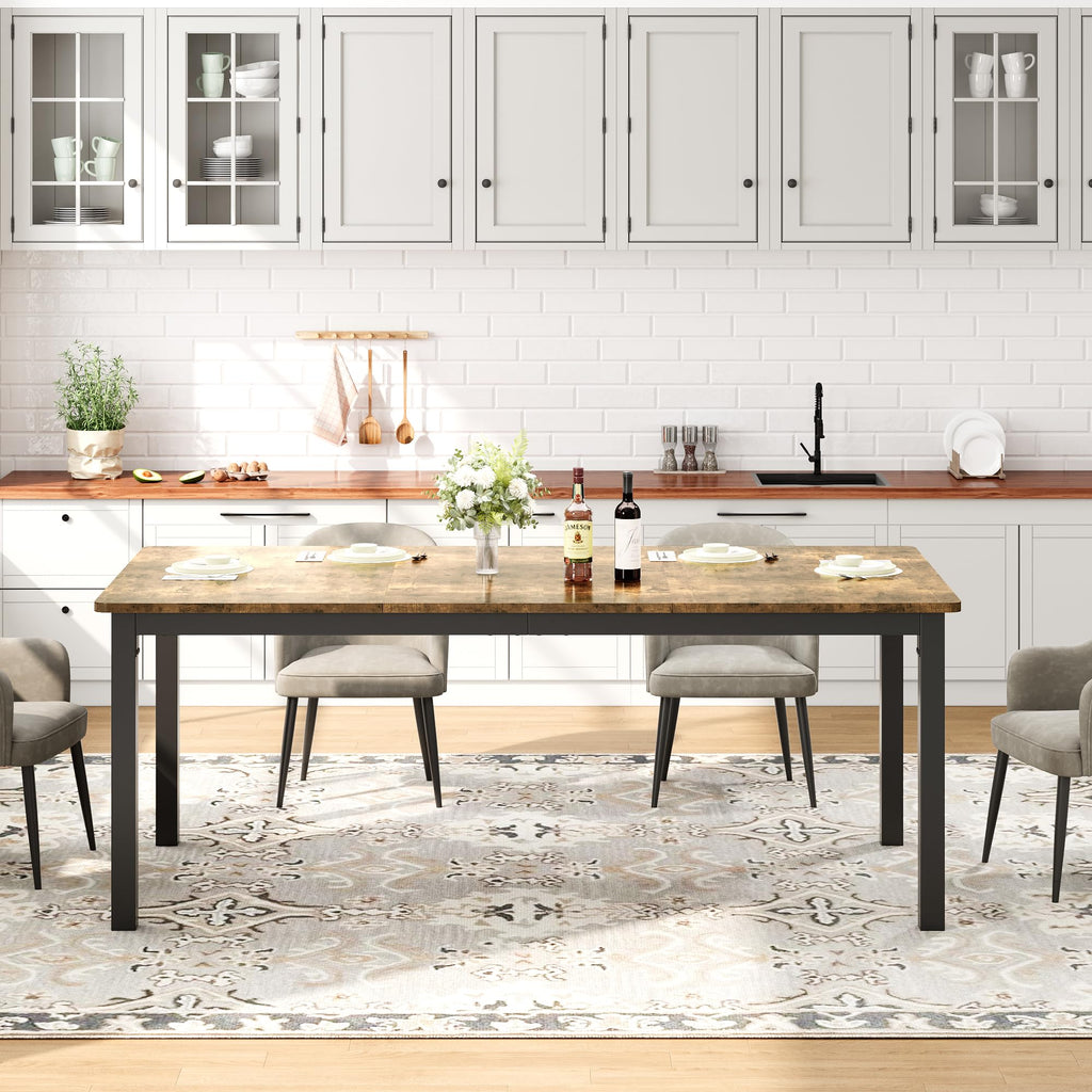 71 Inch Industrial Dining Table for 4-6 Person Rectangle Kitchen Table with Metal Legs, Round Corners, Writing Desk