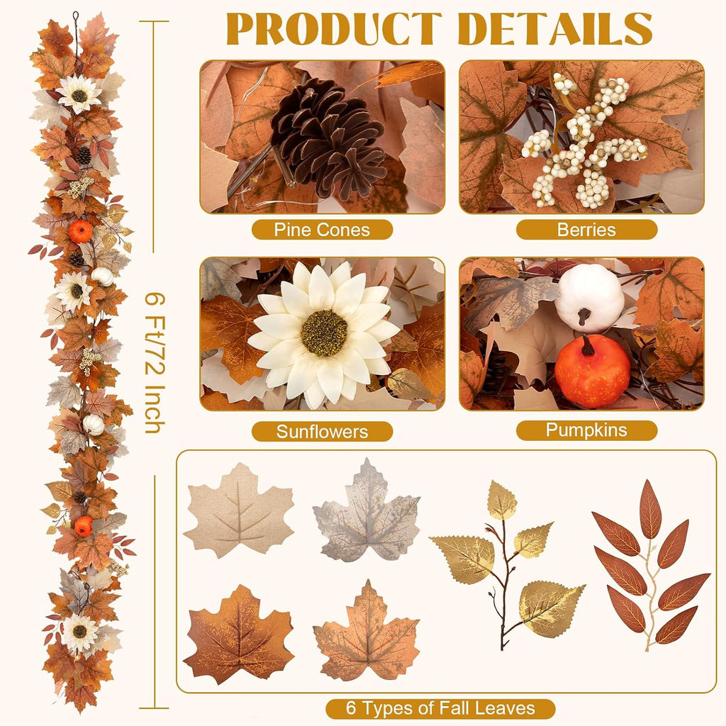 6Ft Lighted Fall Garland with Lights Sunflower Pumpkins for Mantle - Set of 6