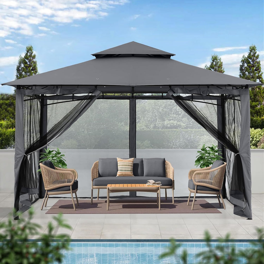 Heavy Duty Easy Fixed Steel Frame Patio Gazebo with Fade-Resistant Canopy & Rust-Resistant Frame, 10x12 ft, Dark Gray