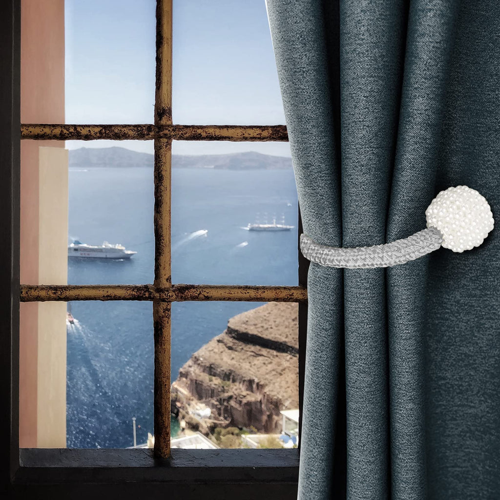 Magnetic Curtain Tiebacks with Pearls,Elegant Window Treatment Holdbacks for Heavy Outdoor Drapes (Grey) - 8 Pack
