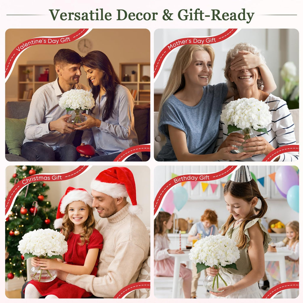 Artificial Hydrangea Flowers with Glass Vase, White Silk Fake Floral Arrangement for Dining, Coffee Table