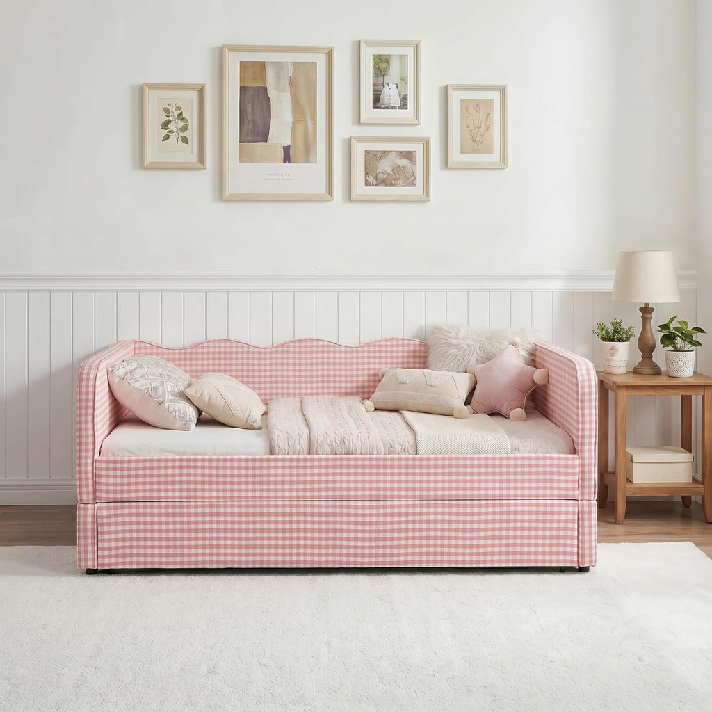 Full Size Gingham Day Bed with Trundle and Storage Pockets | Upholstered Daybed Living Room Guest Room-Pink
